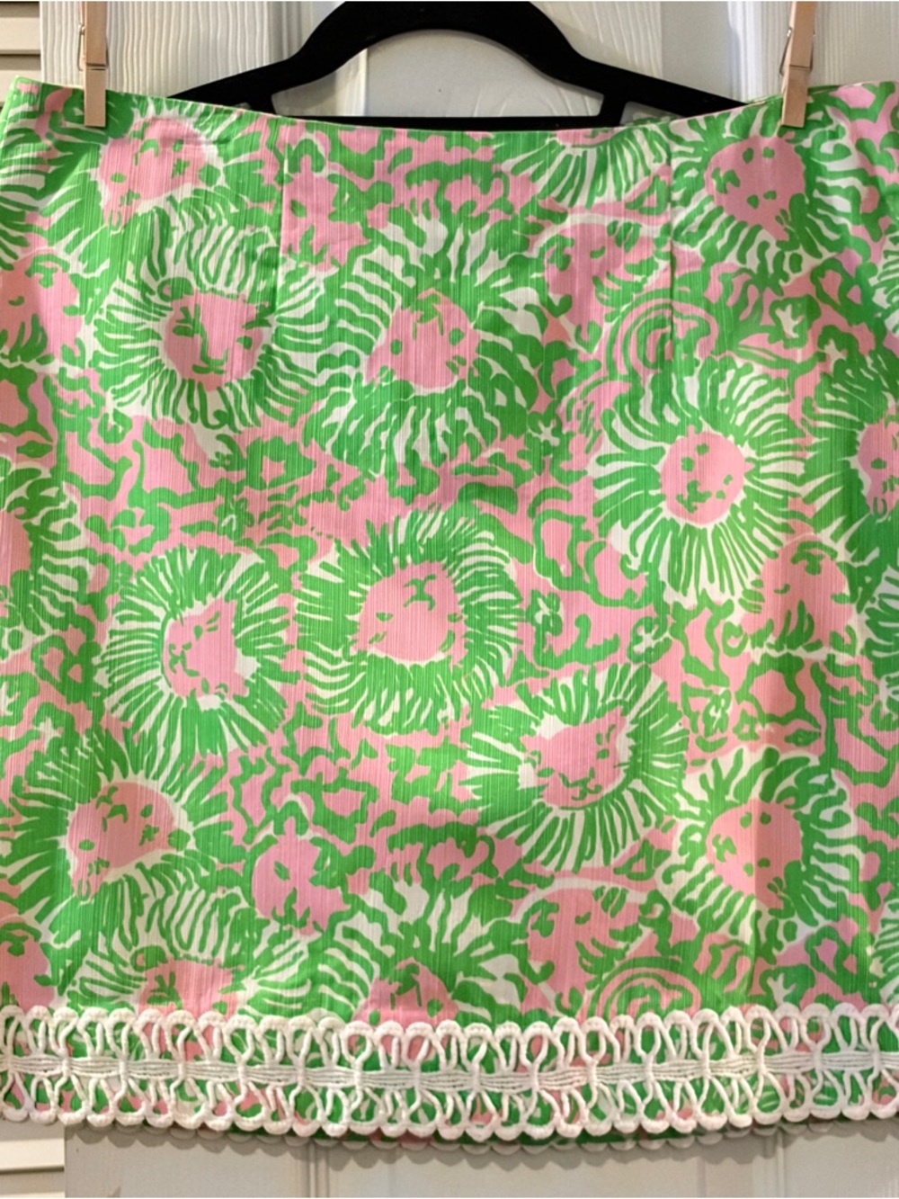 Lily Pulitzer Sunnyside Lion Mini Skirt 8 Pink Green Crochet Trim Coastal Resort
